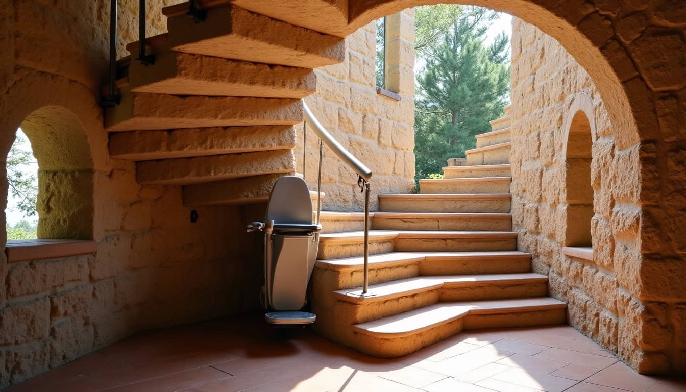 Monte-escalier tournant installé dans une maison typique de Saint-Martin-Vésubie avec escalier en colimaçon
