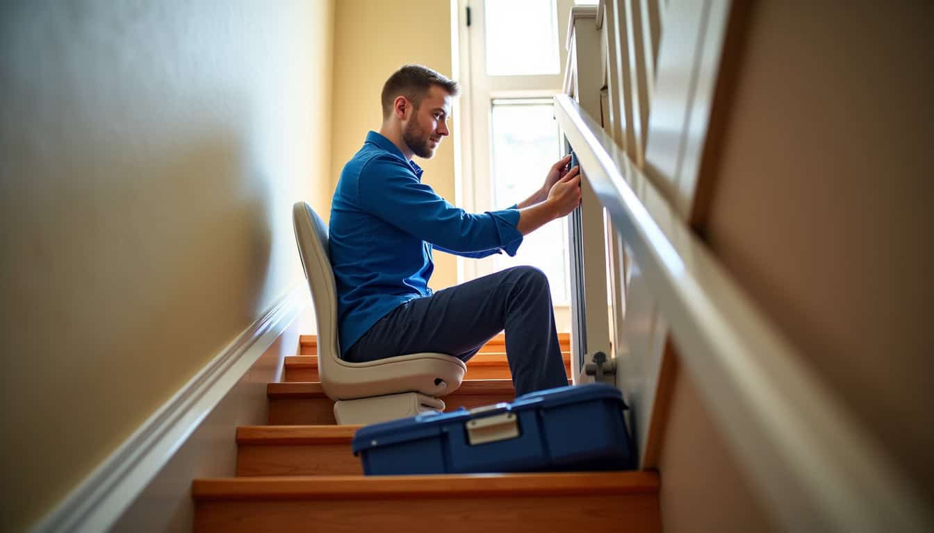 Technicien en train d'installer un monte-escalier dans une maison de Saint-Quentin
