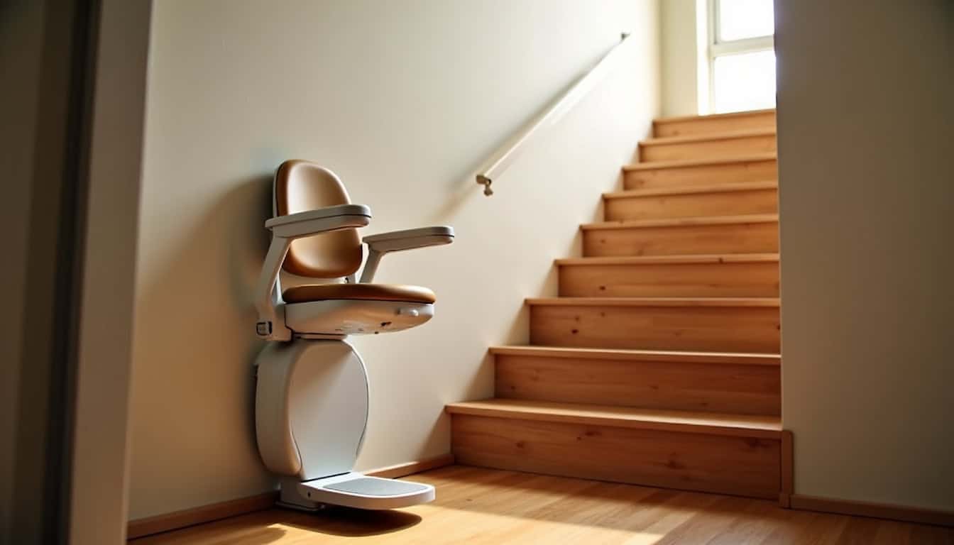 Monte-escalier droit installé sur un escalier simple dans une maison à Sainte-Anne-d'Auray