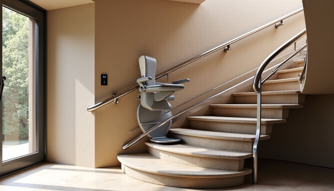 Monte-escalier tournant installé sur un escalier en colimaçon à Sainte-Anne-d'Auray