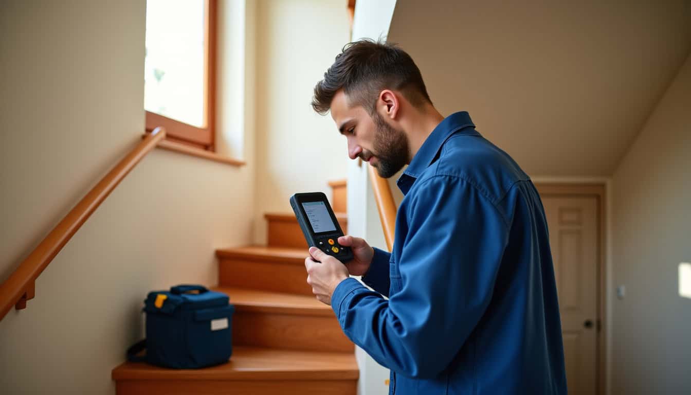 Technicien en train de mesurer un escalier pour l'installation d'un monte-escalier à Saivres