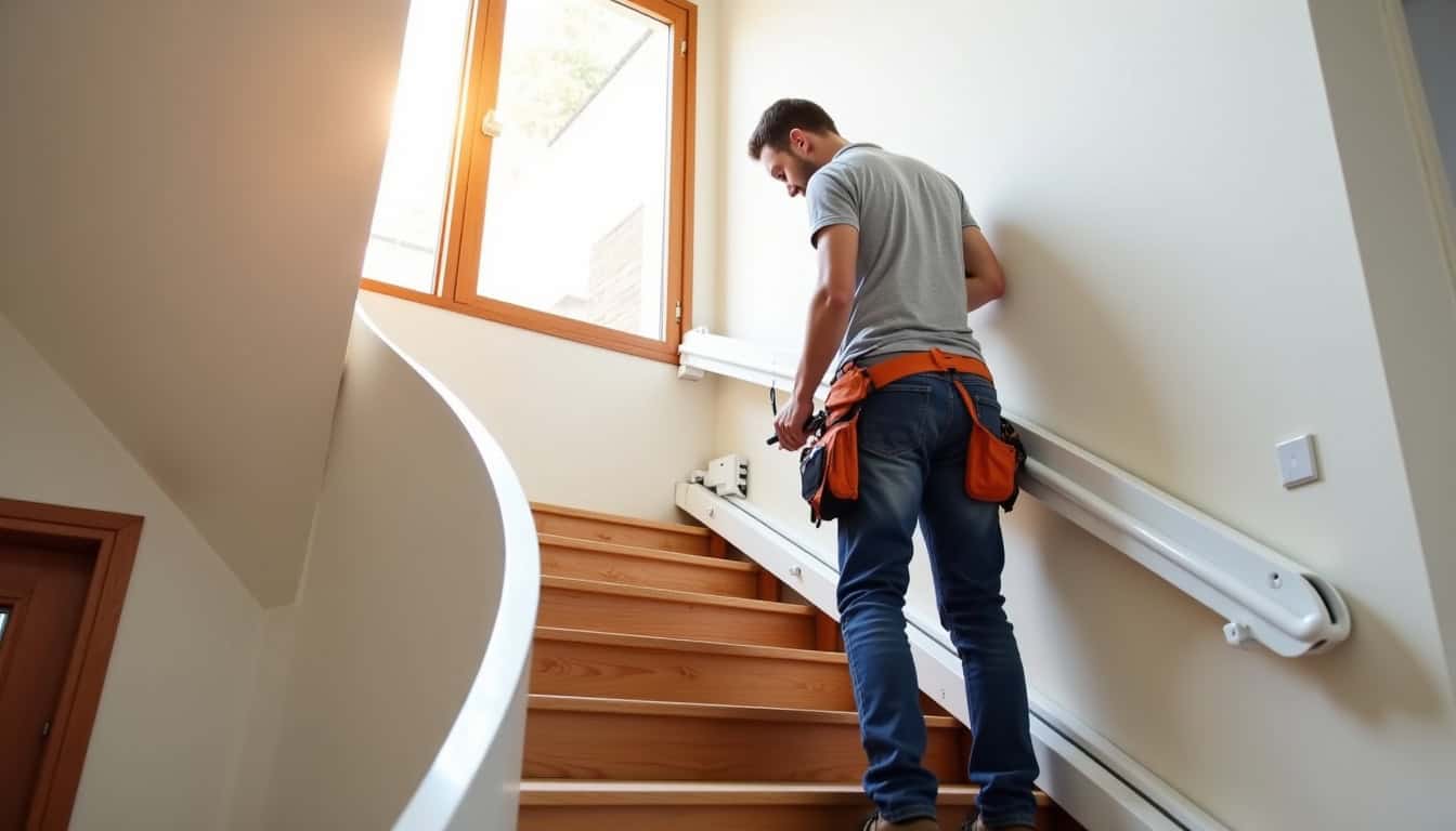 Un professionnel en train d’installer un monte-escalier dans une maison à Saverdun