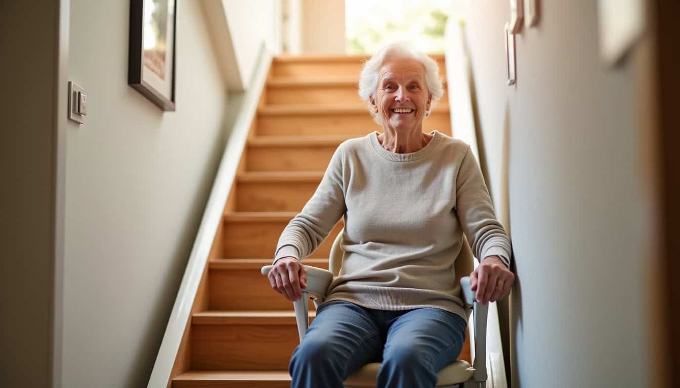 Une personne âgée utilisant son monte-escalier à Saverdun, souriante et sereine