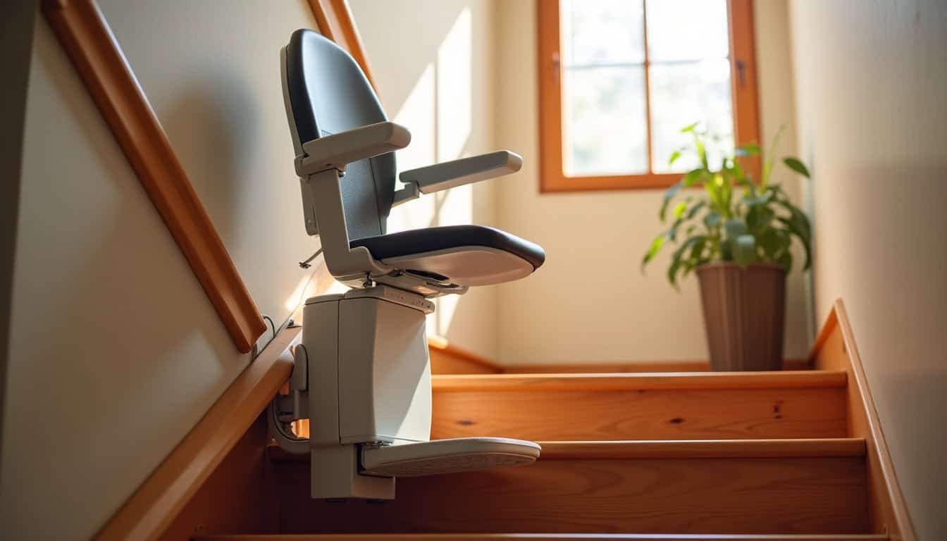 Installation d’un monte-escalier dans une maison à Tallard, montrant le rail fixé à un escalier en bois avec un siège ergonomique