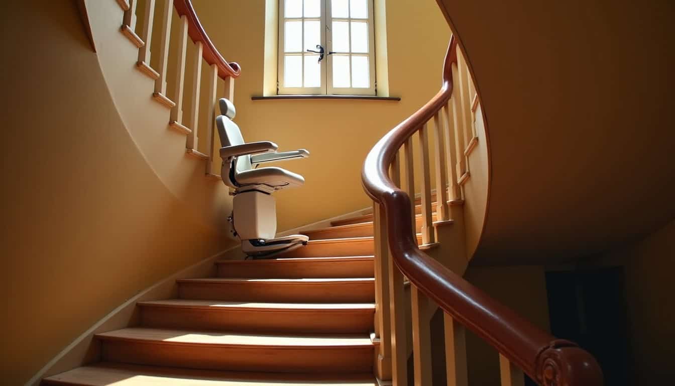 Monte-escalier tournant en cours d’utilisation sur un escalier en colimaçon à Mary-sur-Marne