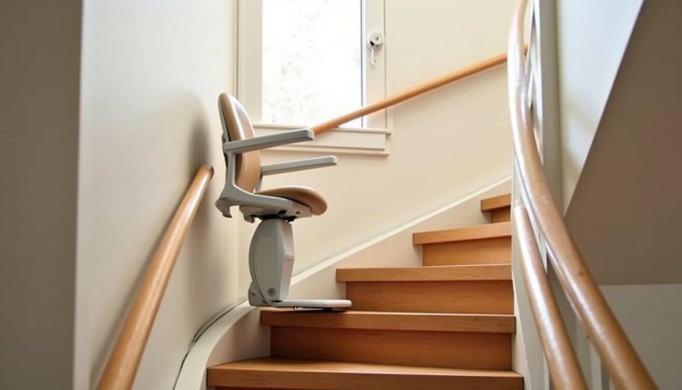 Monte-escalier tournant en fonctionnement dans une maison à Pussay