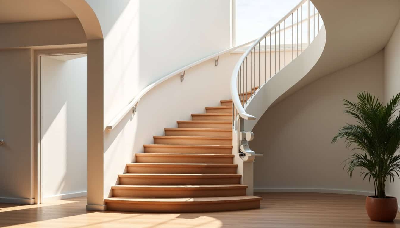 Monte-escalier tournant installé dans un escalier avec virage à Saint-Germain-le-fouilloux