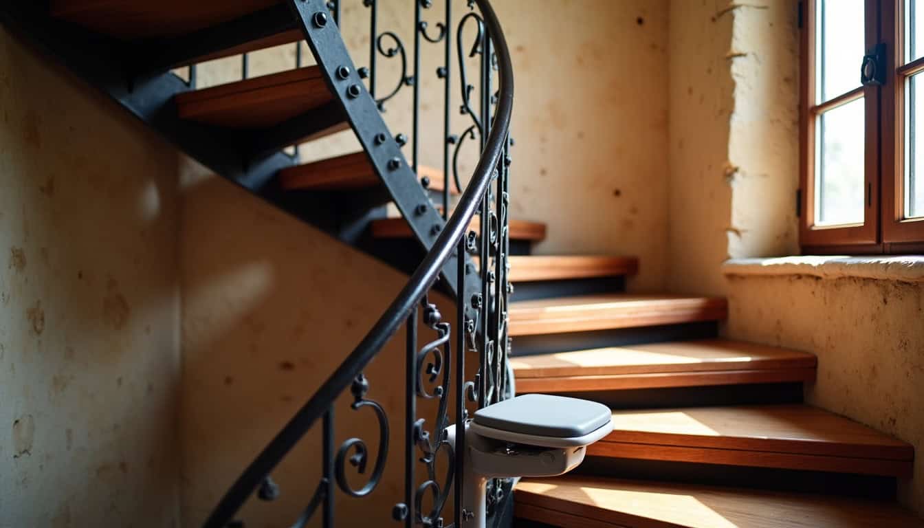 Monte-escalier tournant installé dans un escalier en colimaçon à Salles