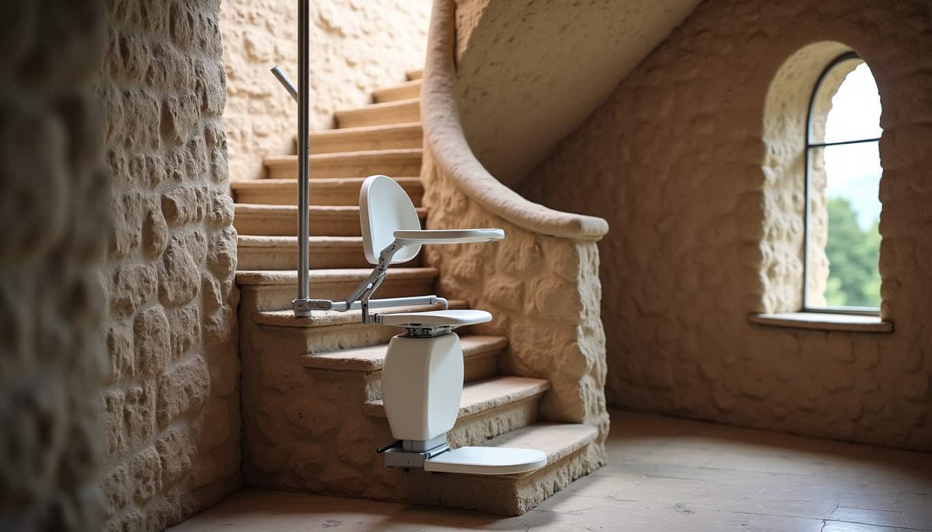 Monte-escalier tournant installé dans un escalier en colimaçon à Sens-de-Bretagne