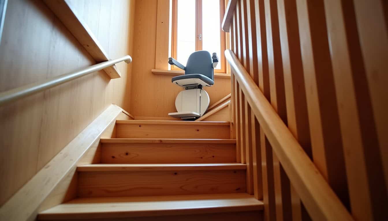 Monte-escalier tournant installé dans une habitation à Foissiat, avec rail sur mesure épousant la courbe de l