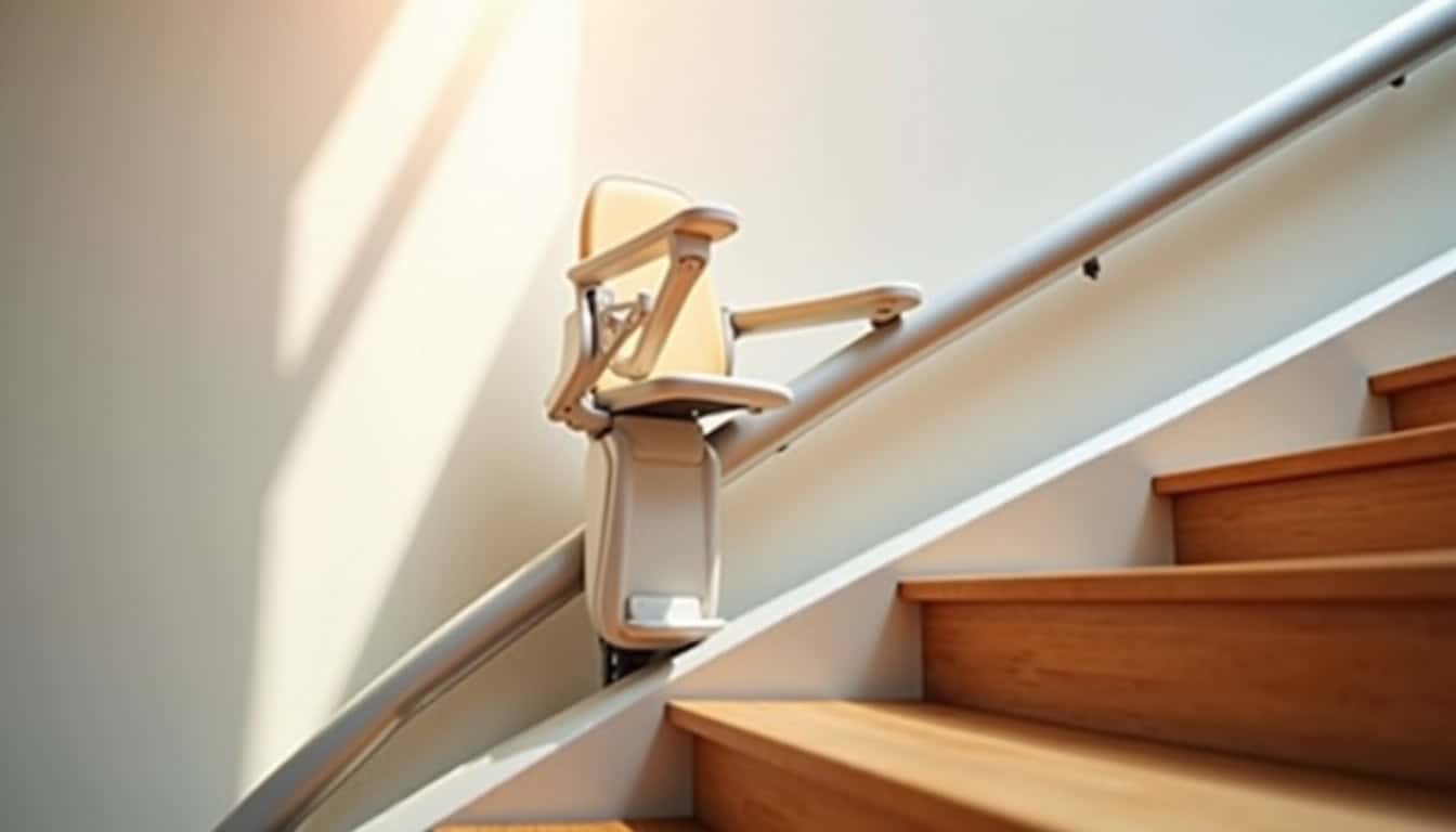 Monte-escalier tournant installé dans une habitation à Le Plessis-Trévise avec un rail courbé adapté à l