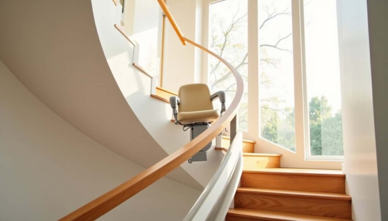 Monte-escalier tournant installé dans une habitation d