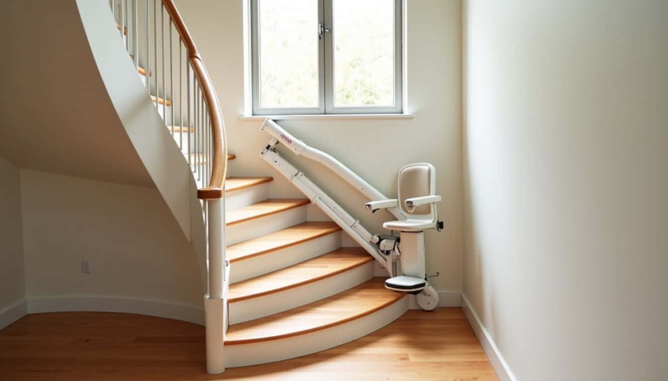 Monte-escalier tournant installé dans une maison à Bussac-Forêt, adapté à un escalier en colimaçon