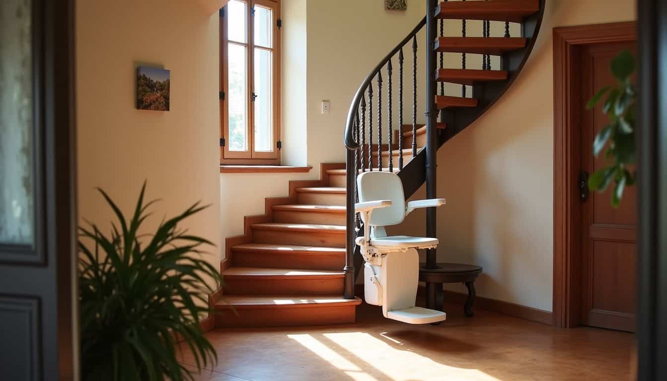 Monte-escalier tournant installé dans une maison à Bussac-sur-Charente avec un escalier en colimaçon