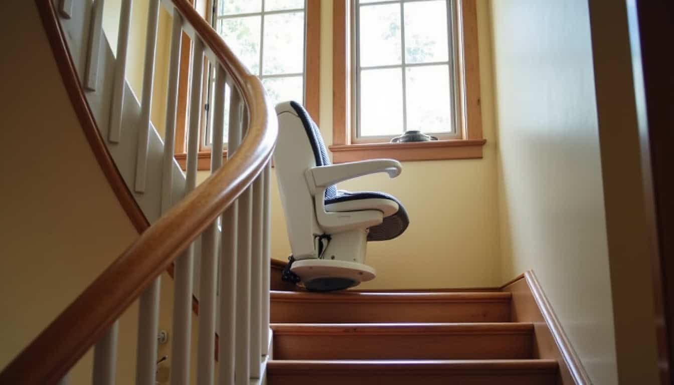Monte-escalier tournant installé dans une maison à Châteaugay avec rail courbe adapté à un escalier en colimaçon