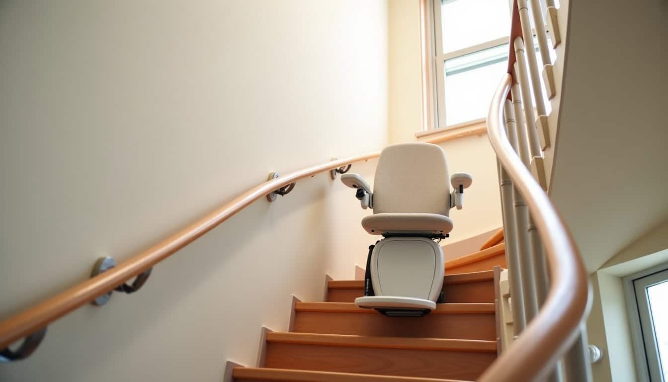 Monte-escalier tournant installé dans une maison à Condette, adapté à un escalier en colimaçon