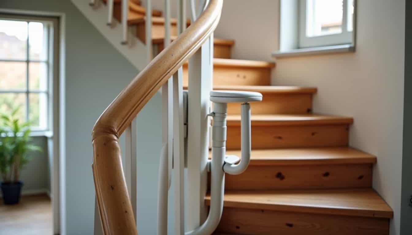 Monte-escalier tournant installé dans une maison à Désertines, avec rail sur mesure adapté aux courbes de l
