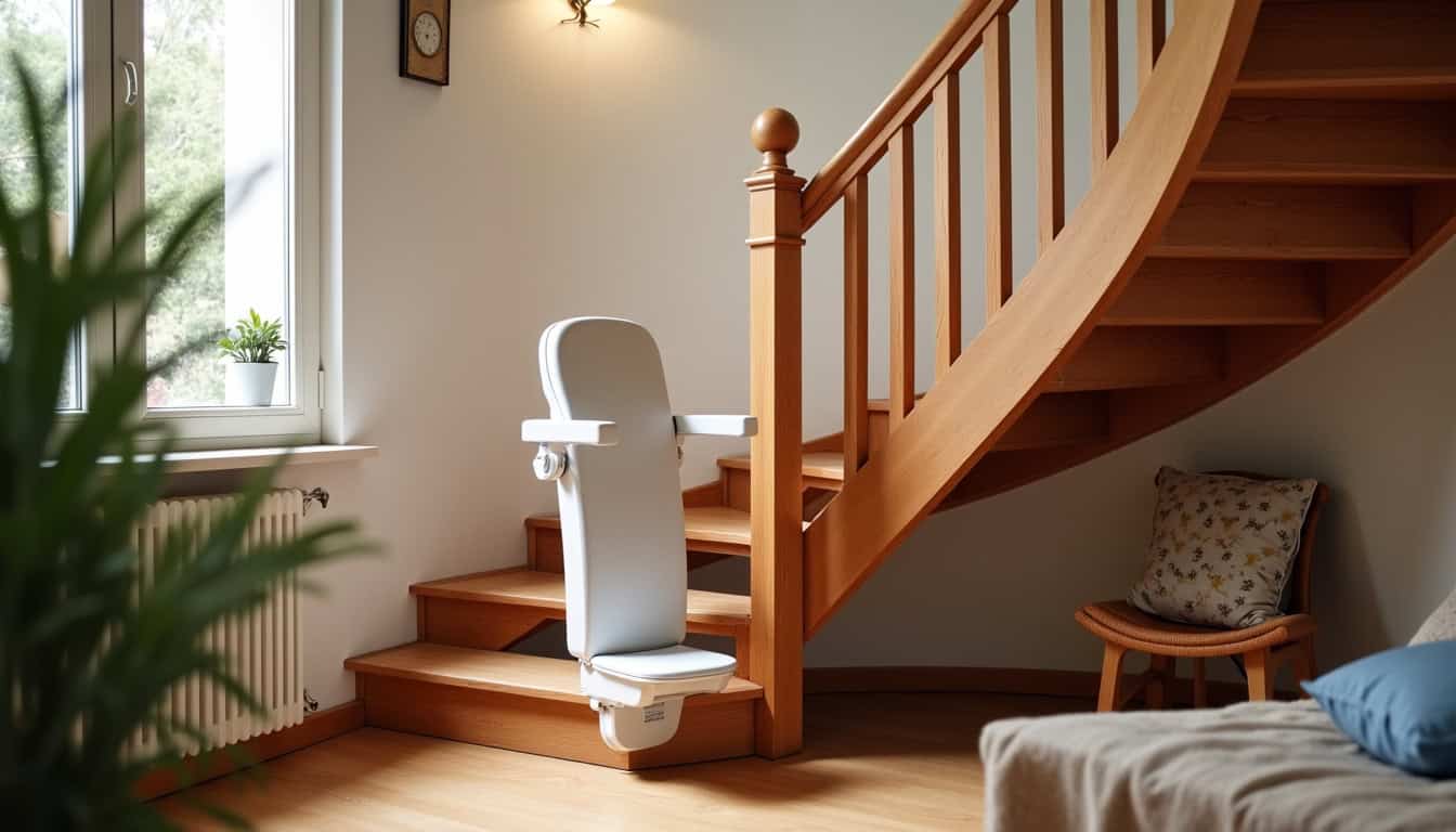 Monte-escalier tournant installé dans une maison à La Limouzinière, suivant un escalier en virage