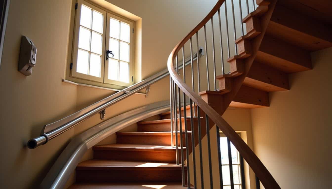 Monte-escalier tournant installé dans une maison à La Selle-sur-le-Bied, avec rail courbe adapté à un escalier en colimaçon