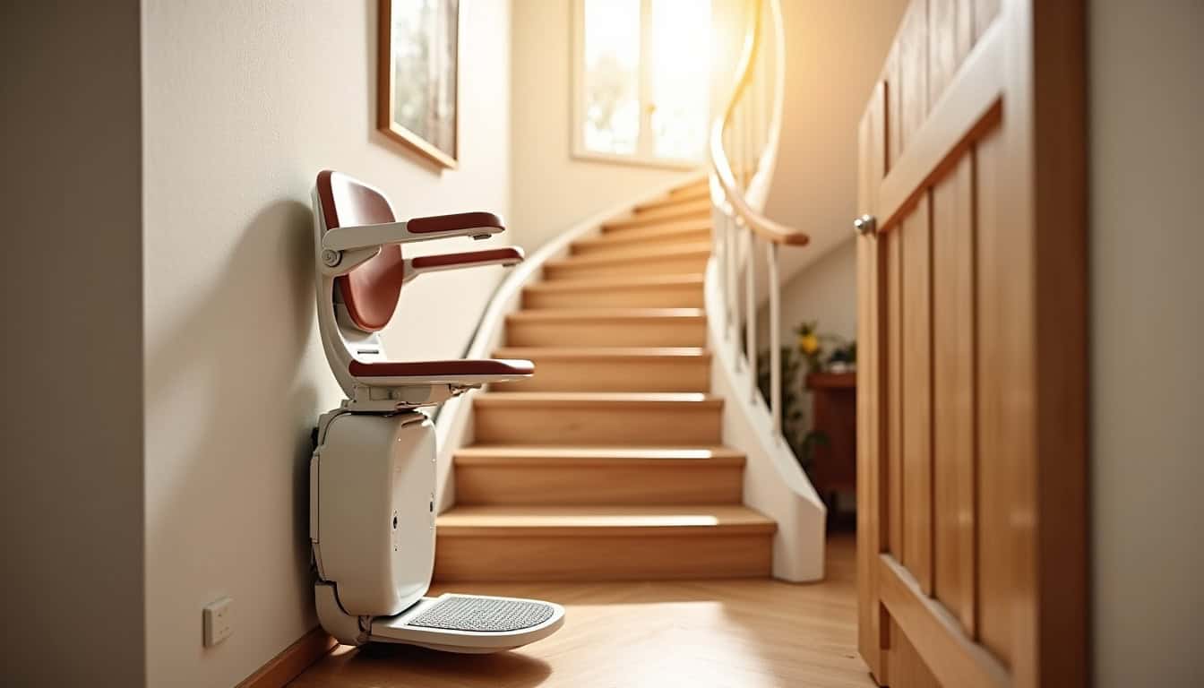 Monte-escalier tournant installé dans une maison à Lagnieu, adapté à un escalier en colimaçon