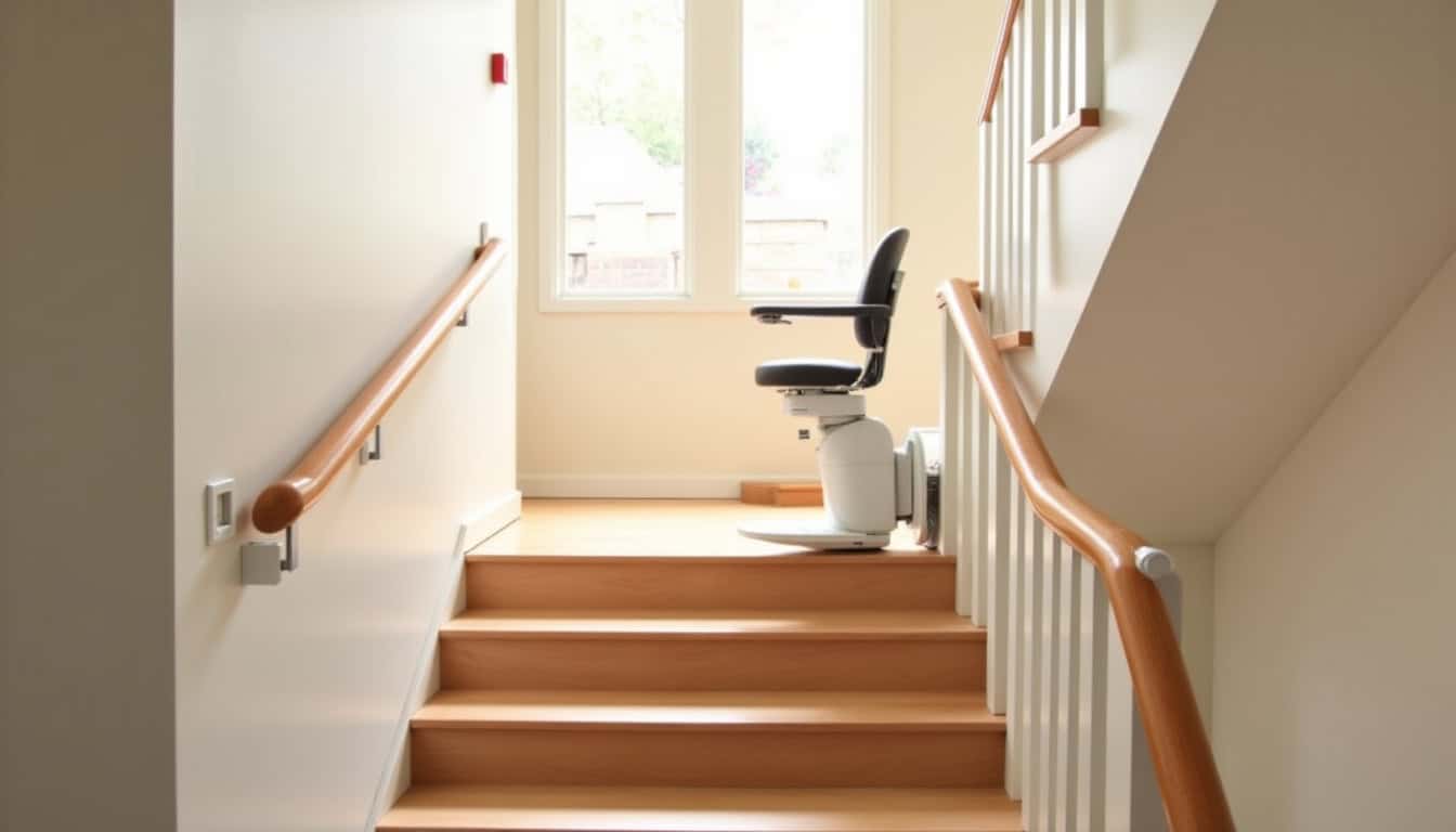 Monte-escalier tournant installé dans une maison à Lattes, avec siège replié contre le mur