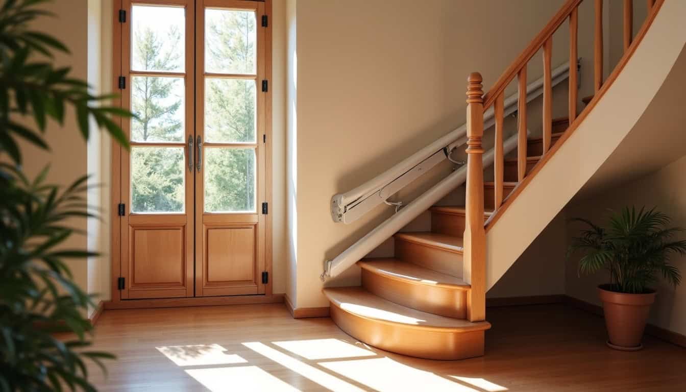 Monte-escalier tournant installé dans une maison à Le Touvet, avec rail adapté à un escalier courbe