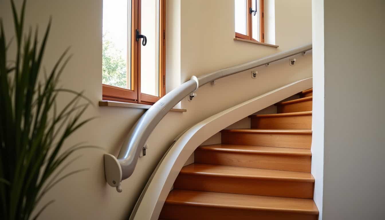 Monte-escalier tournant installé dans une maison à Miélan, avec rail sur mesure adapté aux courbes de l