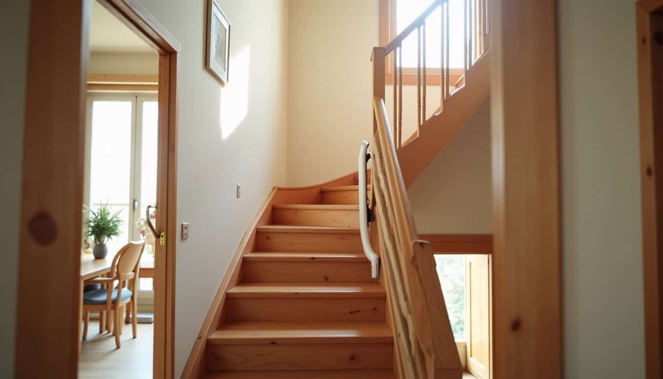 Monte-escalier tournant installé dans une maison à Plougonven, avec rail sur mesure épousant les courbes de l