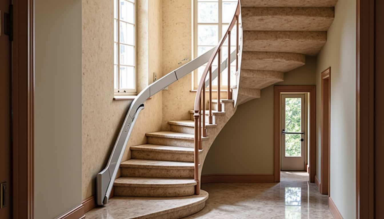 Monte-escalier tournant installé dans une maison à Richemont avec escalier en colimaçon