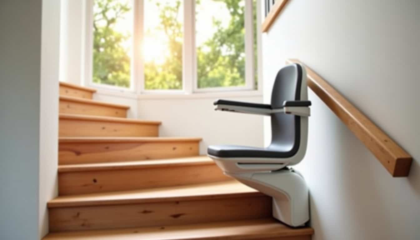 Monte-escalier tournant installé dans une maison à Rogerville, montrant l