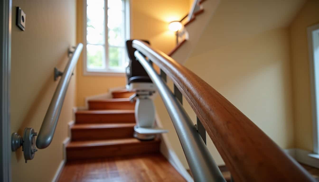 Monte-escalier tournant installé dans une maison à Saint-Martin-Belle-Roche avec un rail sur mesure épousant la courbe de l