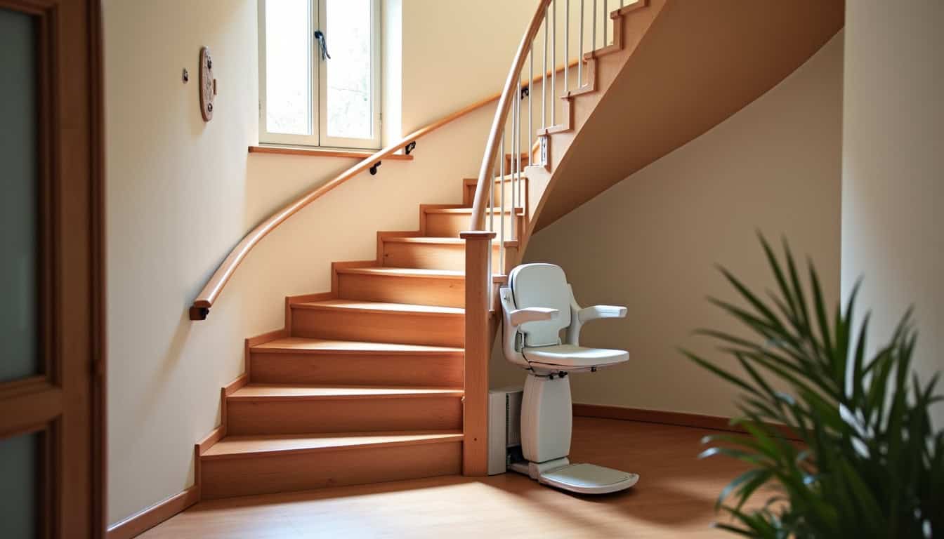 Monte-escalier tournant installé dans une maison à Saïx, avec un rail courbe épousant la forme de l