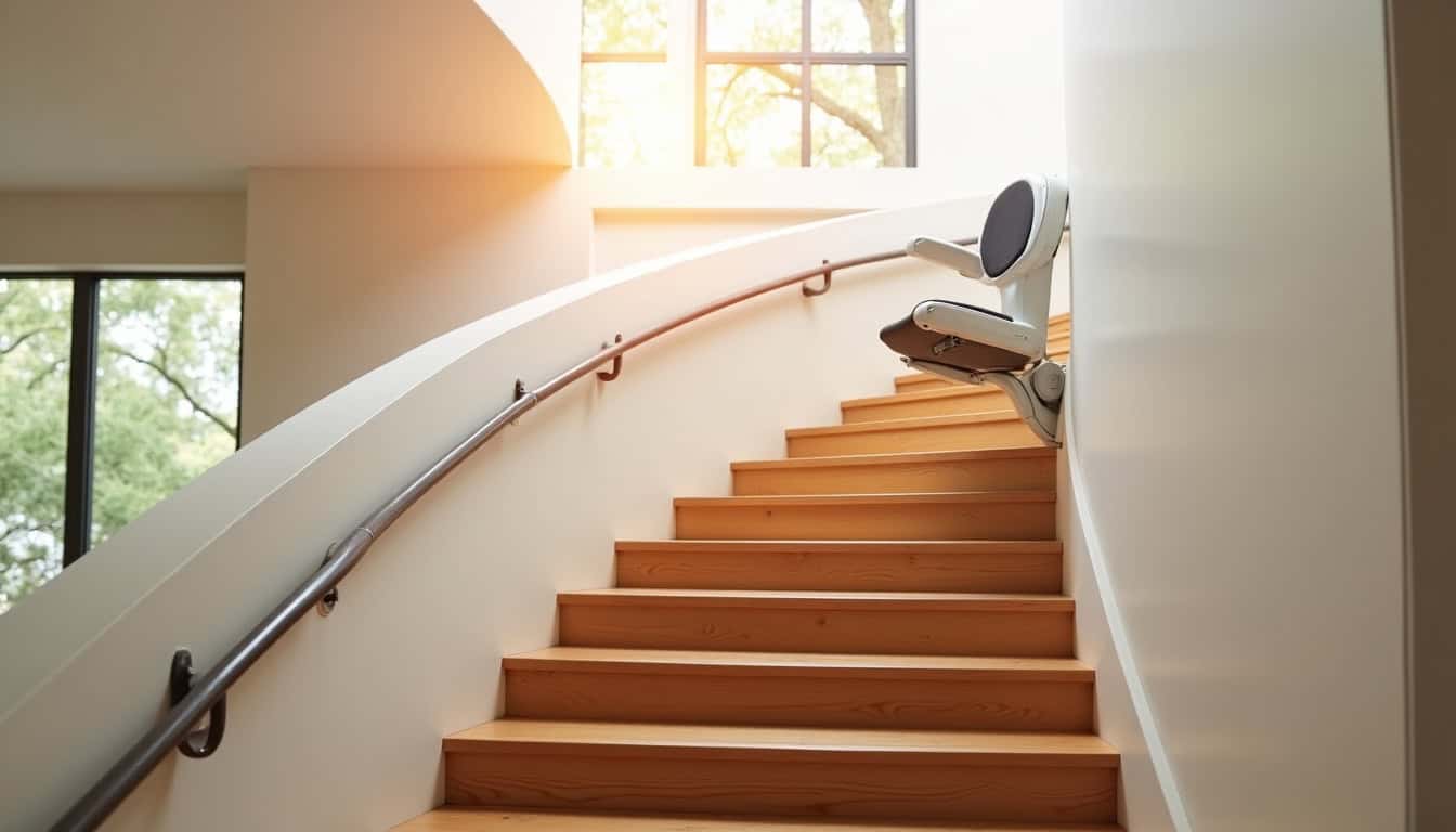 Monte-escalier tournant installé dans une maison à Tigery, adapté à un escalier en colimaçon