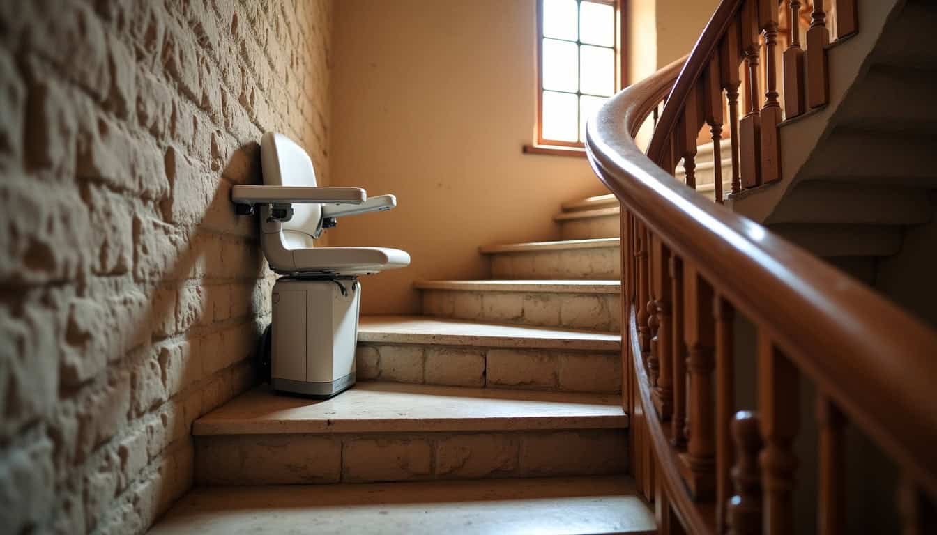 Monte-escalier tournant installé dans une maison ancienne à Aureil, adapté à un escalier en colimaçon