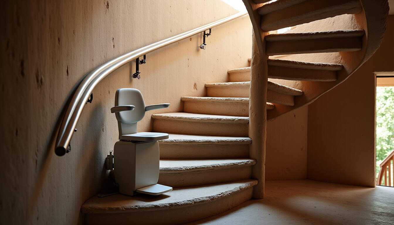 Monte-escalier tournant installé dans une maison ancienne à Conlie, adapté à un escalier en colimaçon