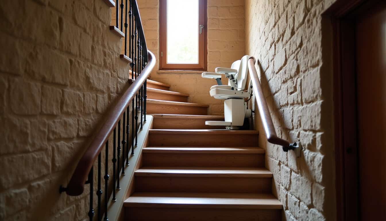 Monte-escalier tournant installé dans une maison ancienne à Eurre, avec rail courbe adapté à un escalier étroit