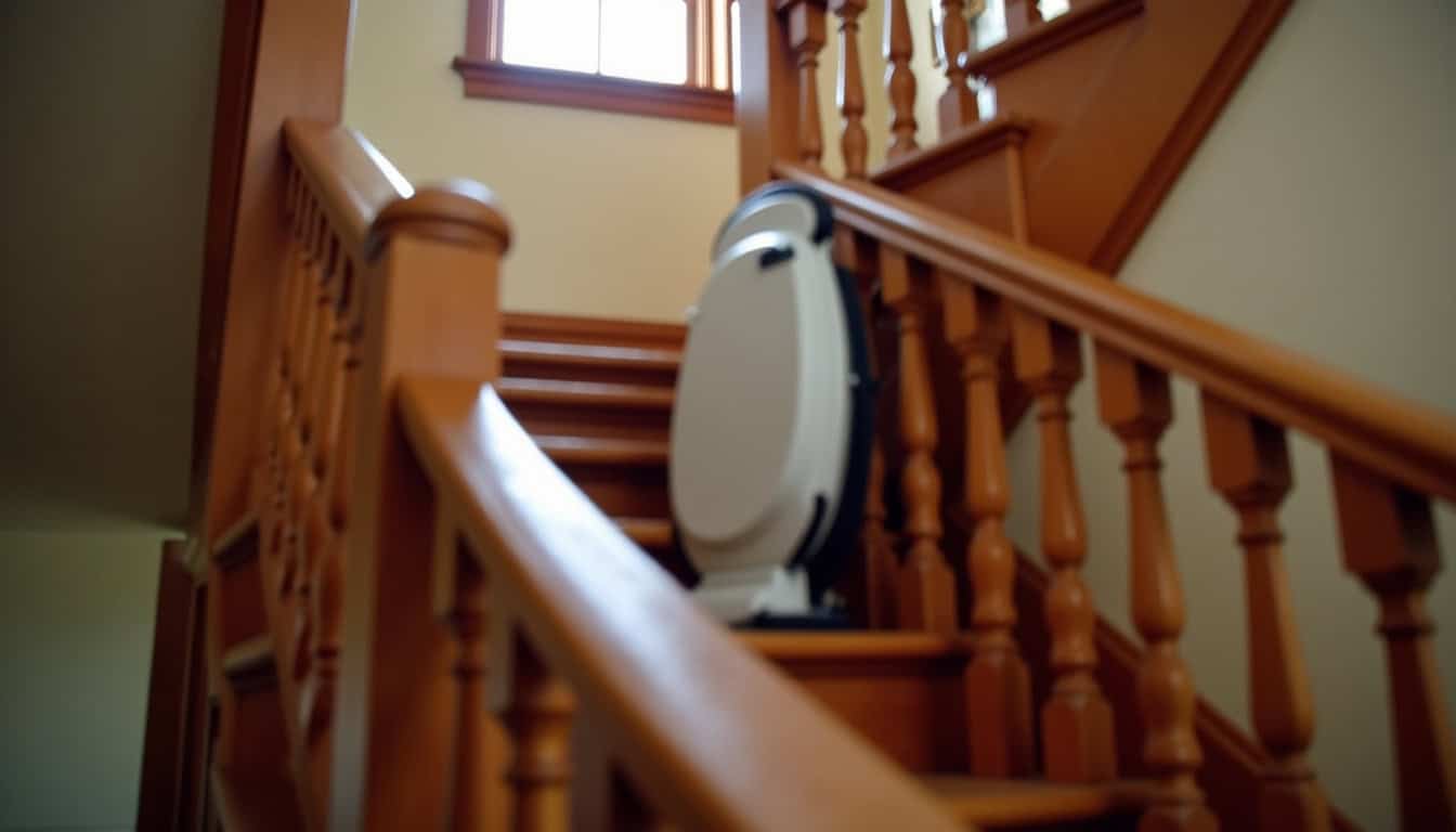 Monte-escalier tournant installé dans une maison ancienne à Fontoy, avec rail sur mesure adapté à l