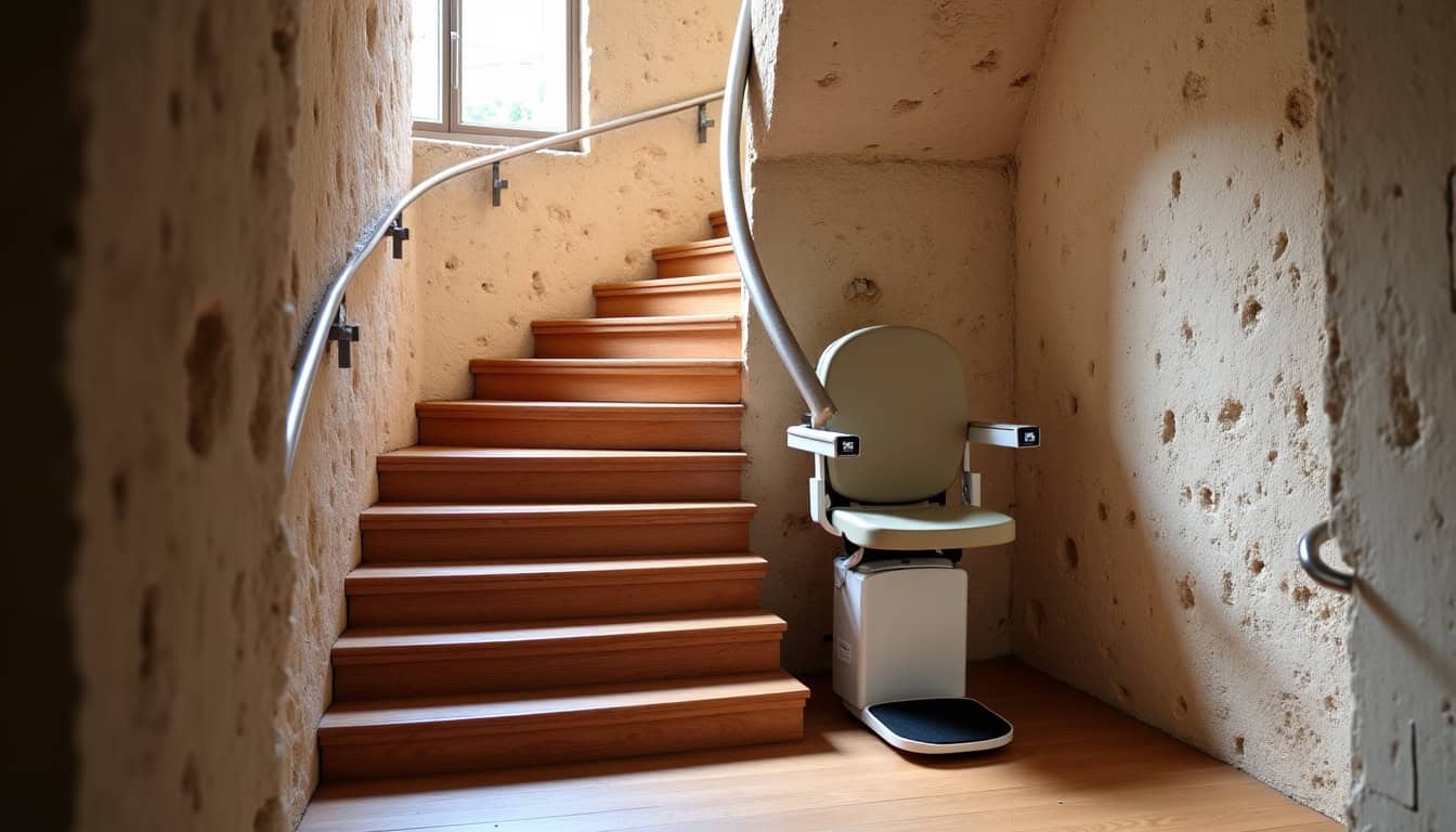 Monte-escalier tournant installé dans une maison ancienne à La Remuée