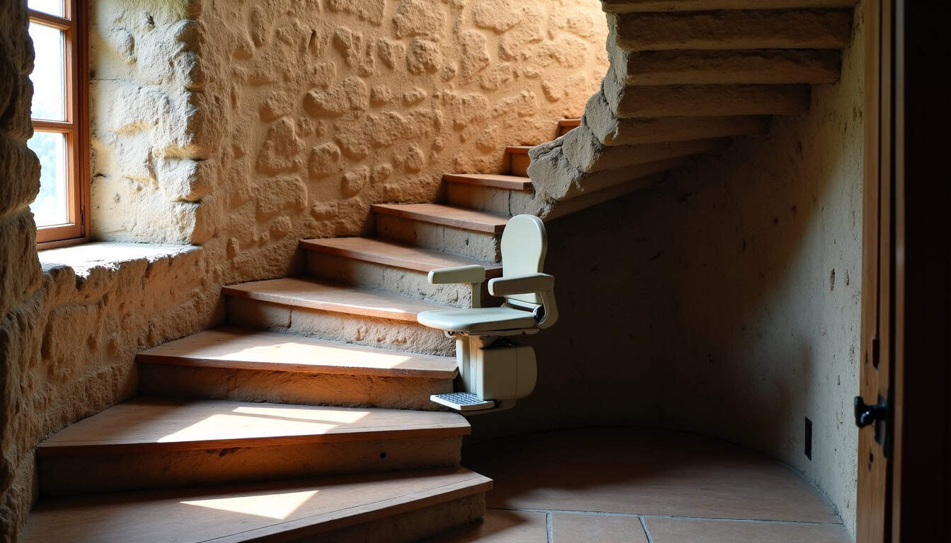 Monte-escalier tournant installé dans une maison ancienne à Michery, adapté à un escalier en colimaçon