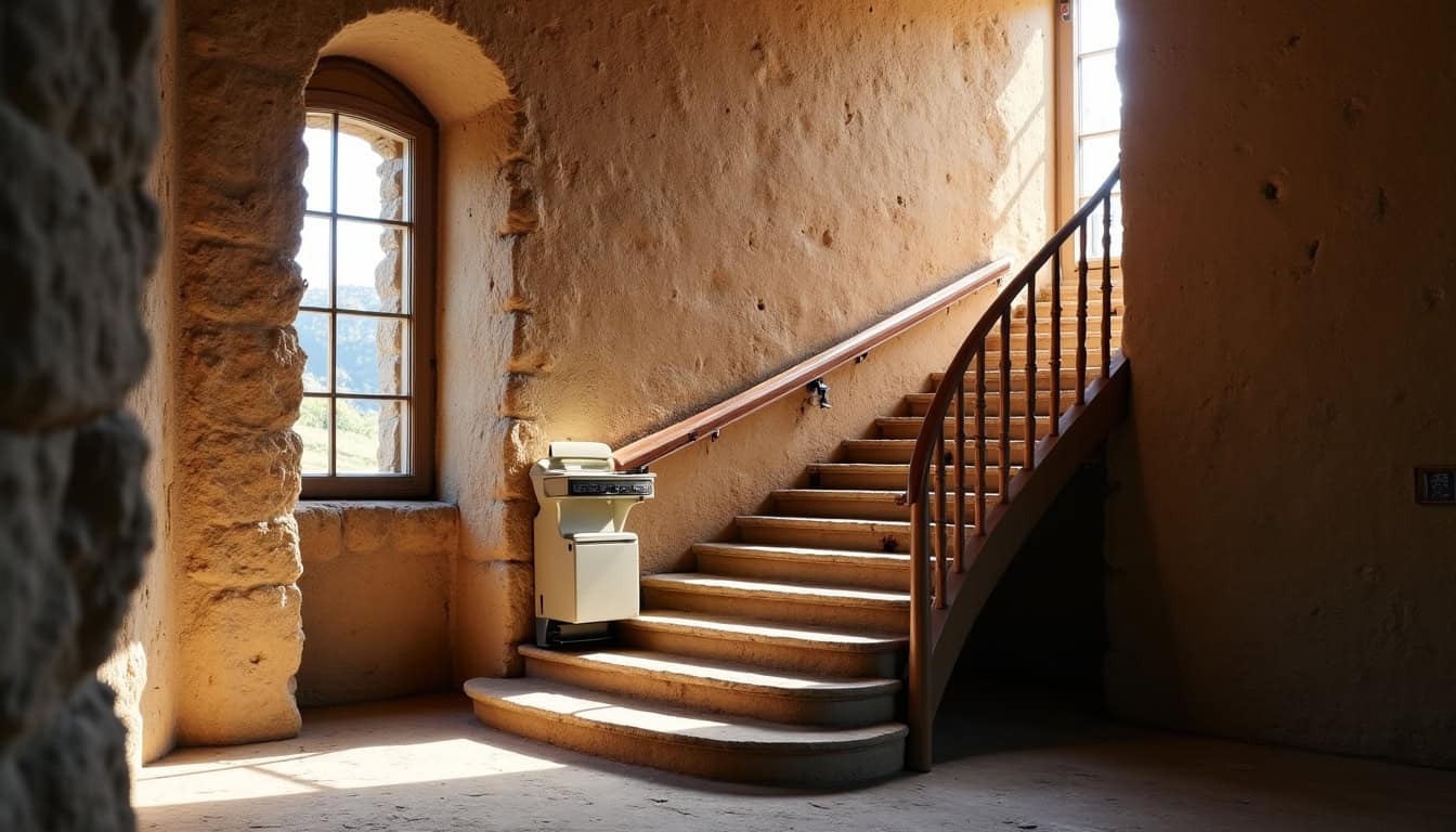 Monte-escalier tournant installé dans une maison ancienne à Plogoff