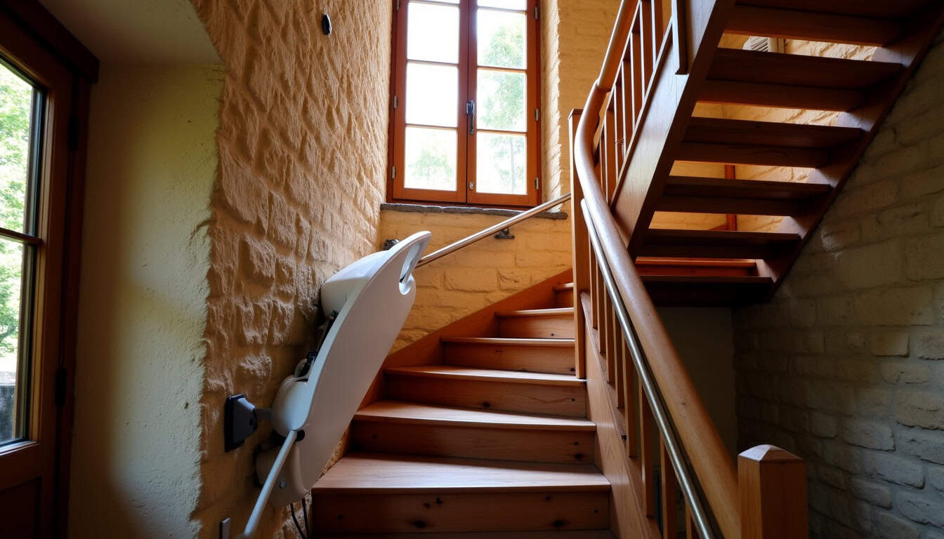 Monte-escalier tournant installé dans une maison ancienne à Pommiers, escalier en colimaçon avec rail sur mesure