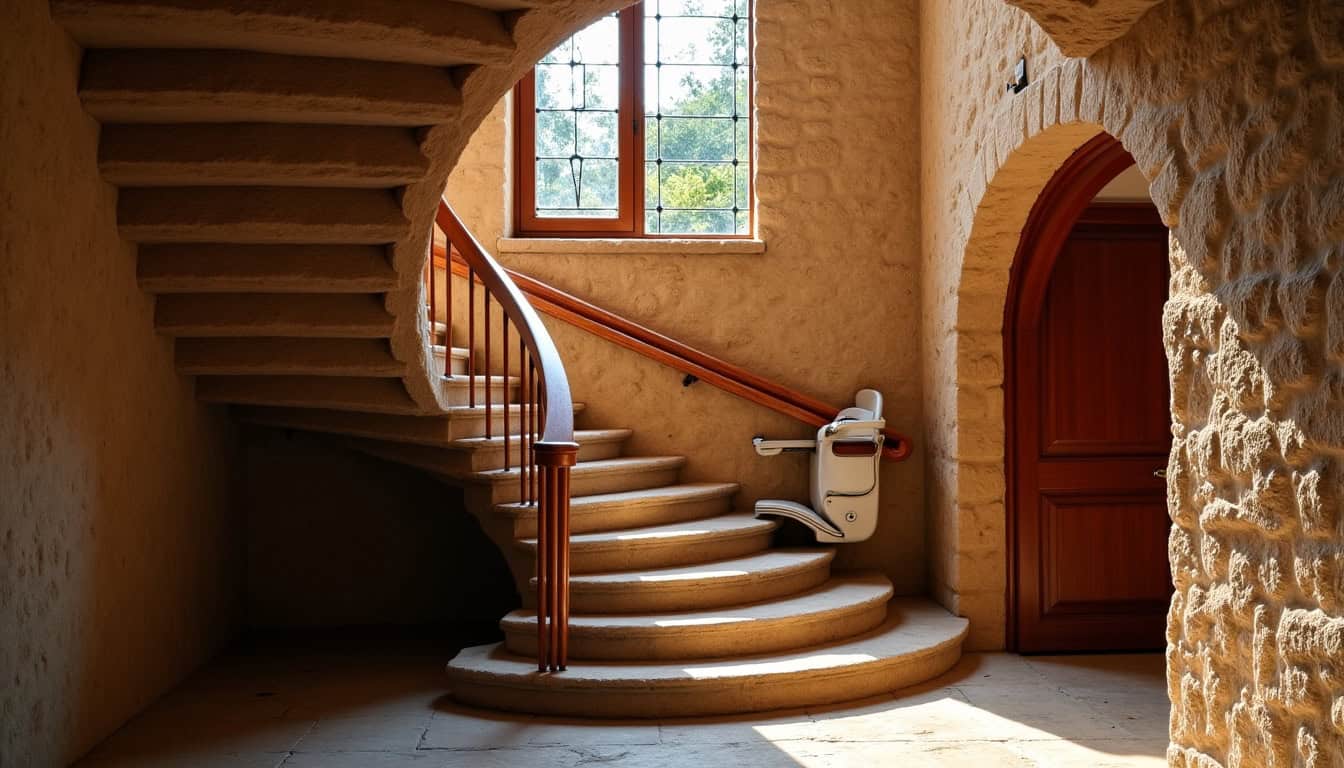 Monte-escalier tournant installé dans une maison ancienne à Quillan