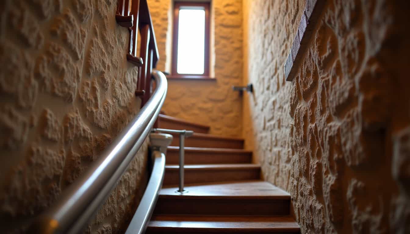 Monte-escalier tournant installé dans une maison ancienne à Rions, avec rail courbe adapté à un escalier étroit