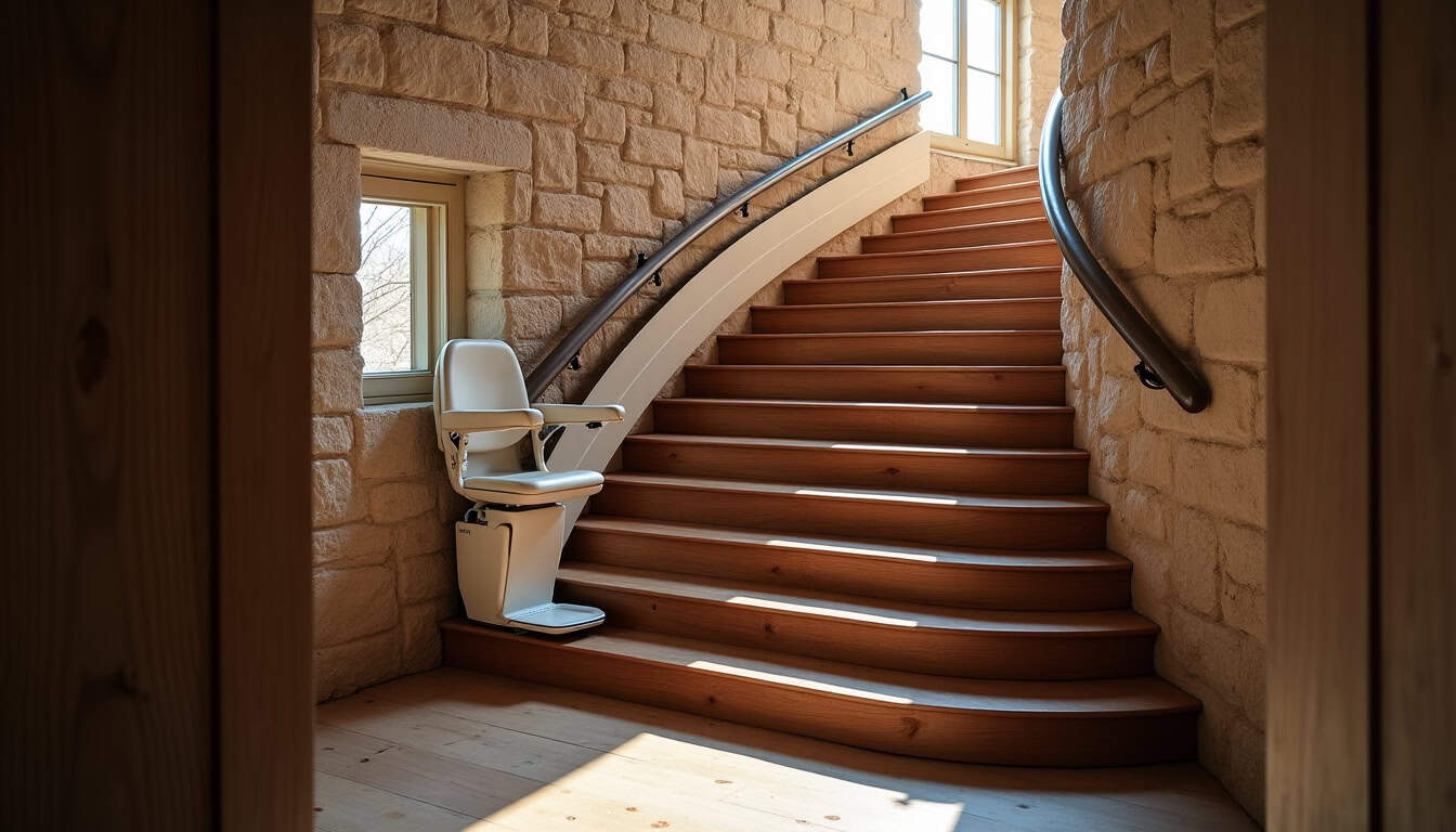 Monte-escalier tournant installé dans une maison ancienne à Saint-Just-en-Chevalet