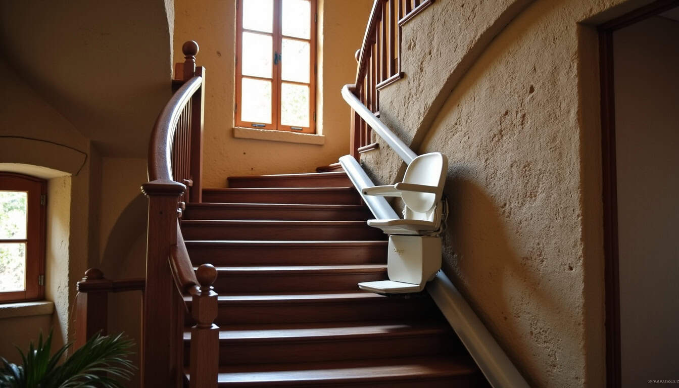 Monte-escalier tournant installé dans une maison ancienne à Saint-Vincent-de-Mercuze