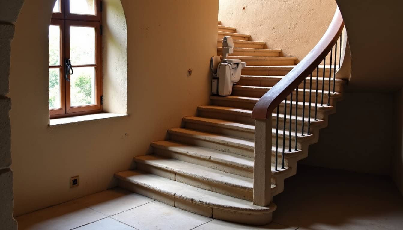 Monte-escalier tournant installé dans une maison ancienne à Vensac