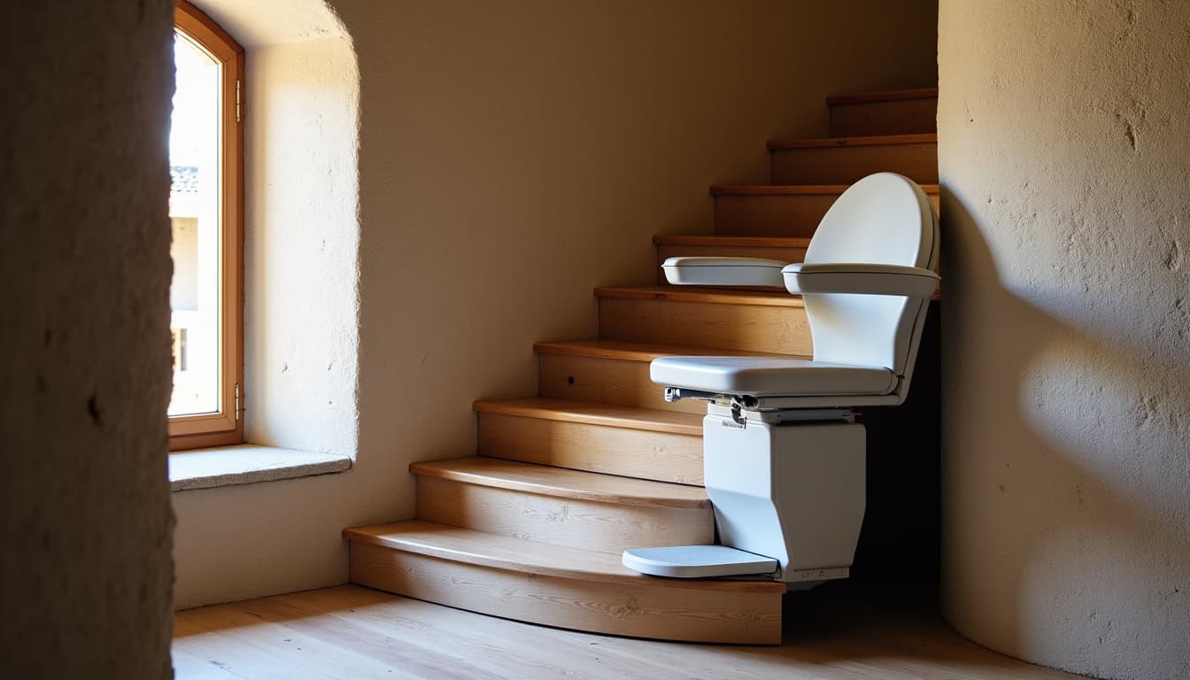 Monte-escalier tournant installé dans une maison ancienne avec escalier en colimaçon à Les Portes du Coglais