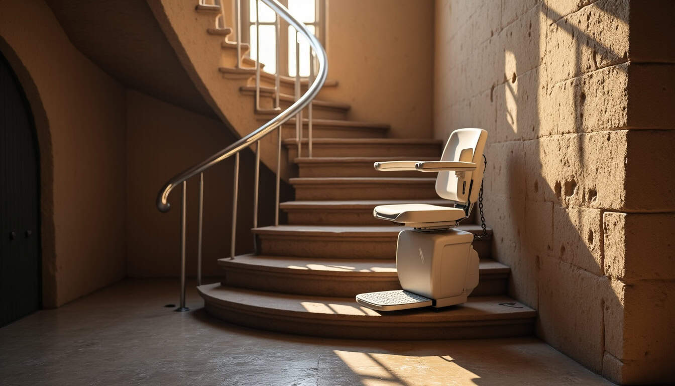 Monte-escalier tournant installé dans une maison ancienne de Cugnaux avec escalier en colimaçon