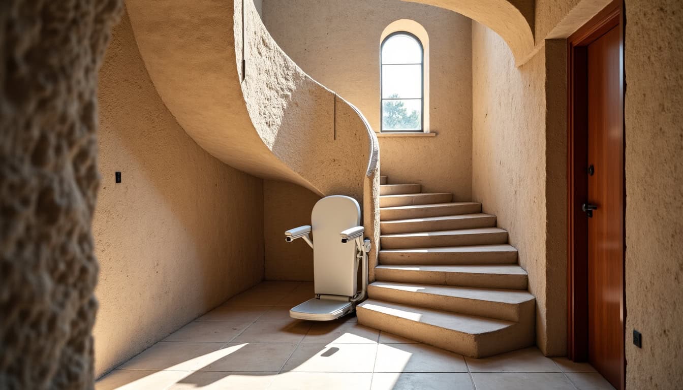 Monte-escalier tournant installé dans une maison ancienne de Lapalud avec escalier en colimaçon