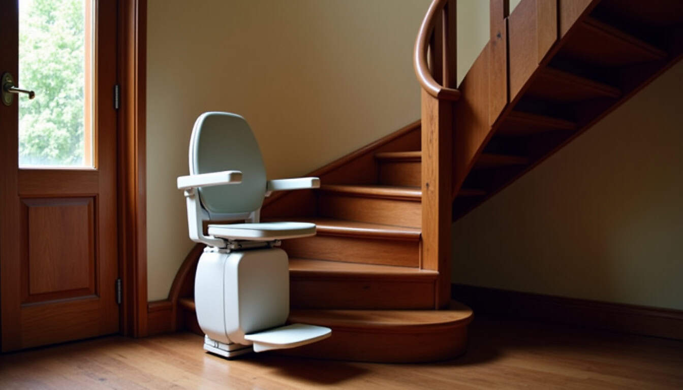 Monte-escalier tournant installé dans une maison ancienne de Mélisey, épousant parfaitement les courbes de l’escalier